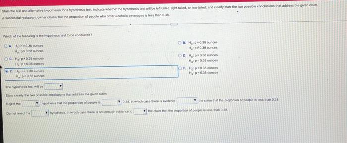State The Null And Atemative Hypotheses For A Hypothesis Test Indicate Whether The Hypothesis Test Will Be Left Talled 1