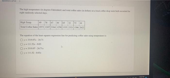 Question 1 Of 10 The High Temperature In Degrees Fahrenheit And Total Coffee Sales In Dollars At A Local Coffee Sh 1