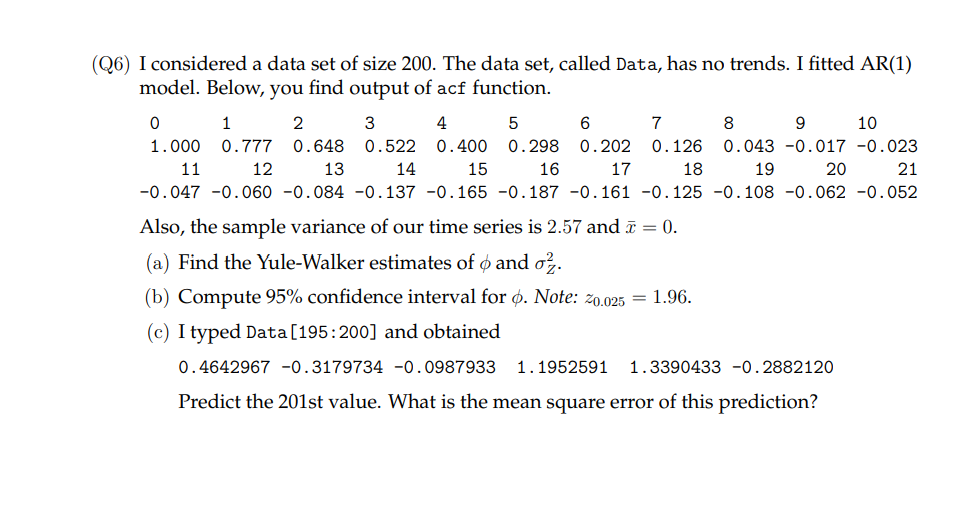 Q6 I Considered A Data Set Of Size 200 The Data Set Called Data Has No Trends I Fitted Ar 1 Model Below You Fin 1