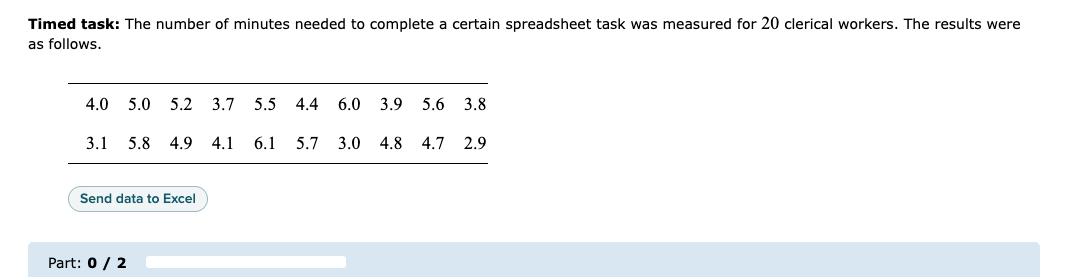 Timed Task The Number Of Minutes Needed To Complete A Certain Spreadsheet Task Was Measured For 20 Clerical Workers Th 1
