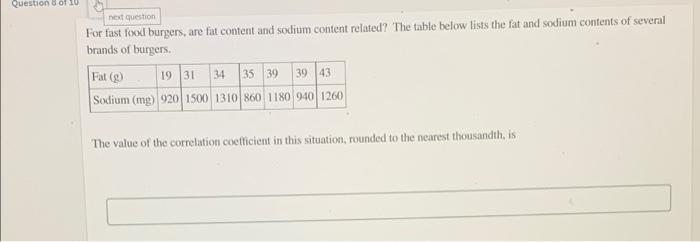 Question 8 Of 10 Next Question For Fast Food Burgers Are Fat Content And Sodium Content Related The Table Below Lists 1