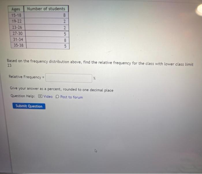 Ages Number Of Students 15 18 19 22 23 26 27 30 31 34 35 38 8225 Relative Frequency 2 85 5 Based On The Frequency Distr 1