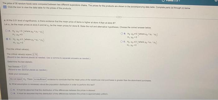 The Price Of 30 Random Foods Were Compared Between Two Different Superstore Chains The Prices For The Products Are Show 1