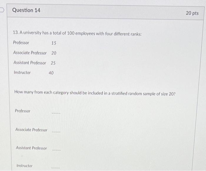 Question 14 13 A University Has A Total Of 100 Employees With Four Different Ranks Professor 15 Associate Professor 20 1