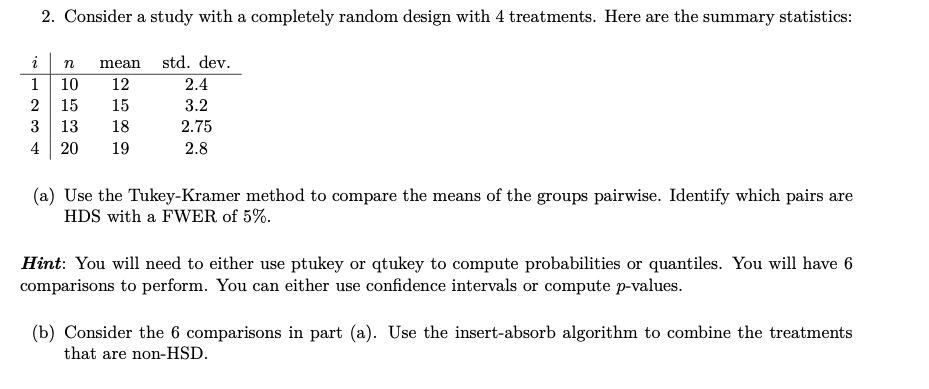 2 Consider A Study With A Completely Random Design With 4 Treatments Here Are The Summary Statistics I 1 2 3 4 N Mean 1