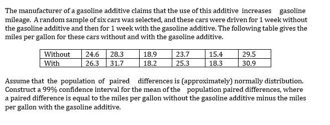 The Manufacturer Of A Gasoline Additive Claims That The Use Of This Additive Increases Gasoline Mileage A Random Sample 1
