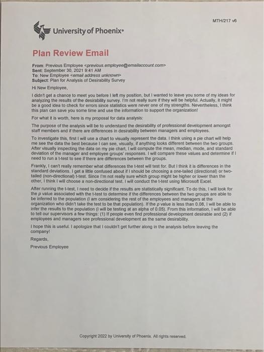 University Of Phoenix Mth 217 V6 Plan Review Email From Previous Employee Previous Employee Emailaccount Com Sent Se 1