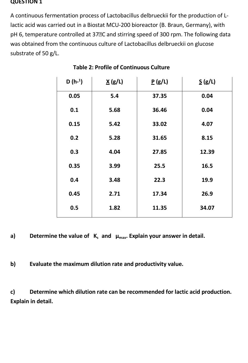 Question 1 A Continuous Fermentation Process Of Lactobacillus Delbrueckii For The Production Of L Lactic Acid Was Carri 1