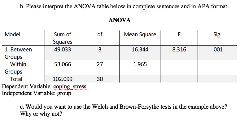 B Please Interpret The Anova Table Below In Complete Sentences And In Apa Format Anova Model 1 Between Groups Within G 1