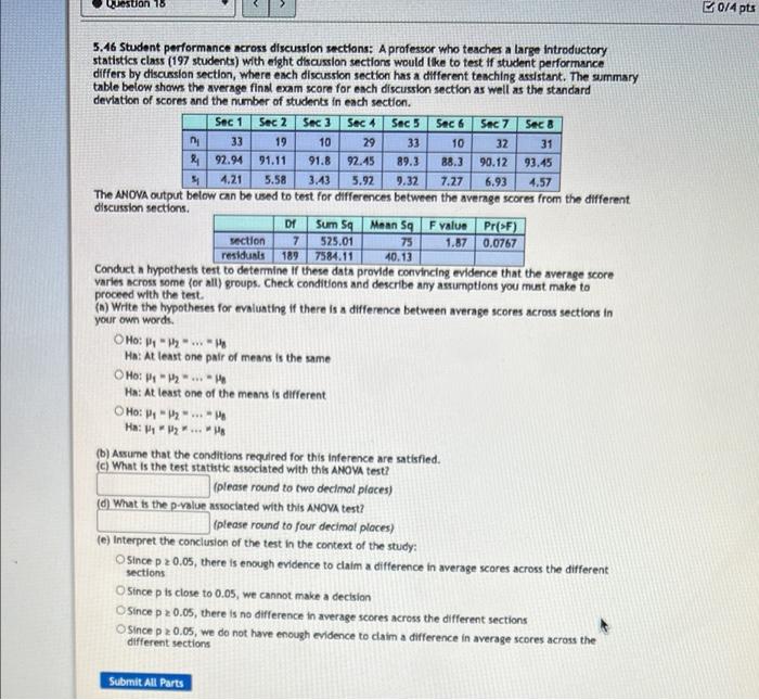 Question 18 5 46 Student Performance Across Discussion Sections A Professor Who Teaches A Large Introductory Statistics 1