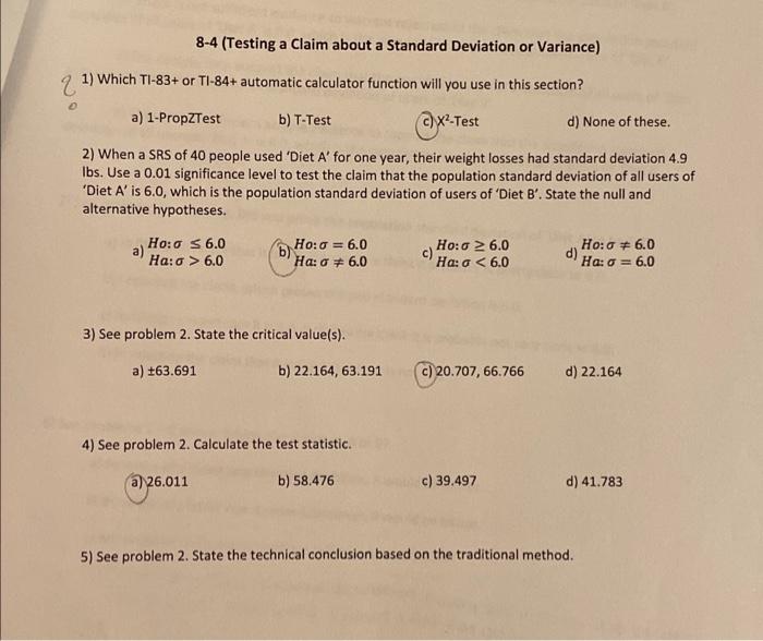 8 4 Testing A Claim About A Standard Deviation Or Variance 1 Which Ti 83 Or Ti 84 Automatic Calculator Function Wil 1