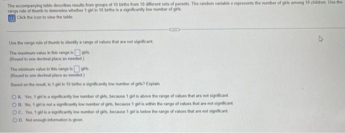The Accompanying Table Describes Results From Groups Of 10 Births From 10 Different Sets Of Parents The Random Variable 1