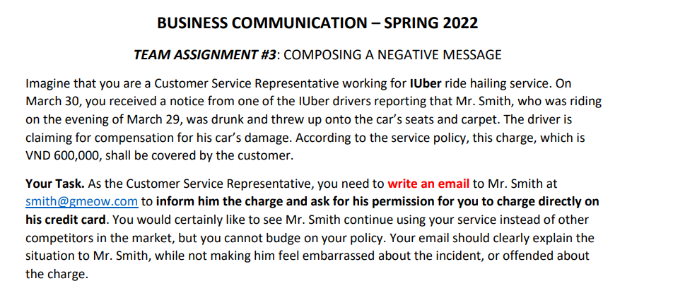 Business Communication Spring 2022 Team Assignment 3 Composing A Negative Message Imagine That You Are A Customer Se 1