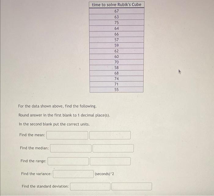 For The Data Shown Above Find The Following Round Answer In The First Blank To 1 Decimal Place S In The Second Blank 1