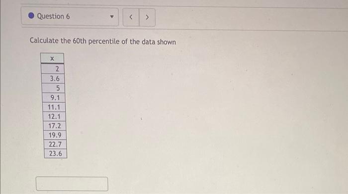 Question 6 X Calculate The 60th Percentile Of The Data Shown 2 3 6 5 9 1 11 1 12 1 17 2 19 9 22 7 23 6 Question 7 1