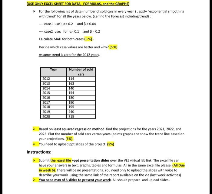 Use Only Excel Sheet For Data Formulas And The Graphs For The Following List Of Data Number Of Sold Cars In Every 1