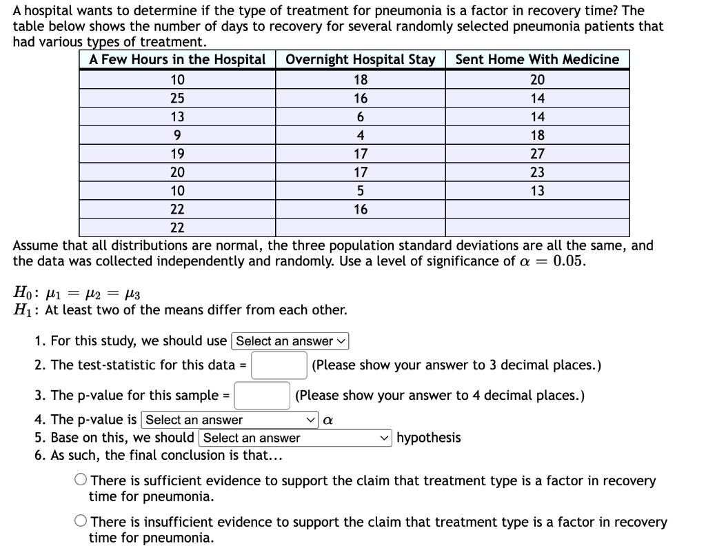 A Hospital Wants To Determine If The Type Of Treatment For Pneumonia Is A Factor In Recovery Time The Table Below Shows 1