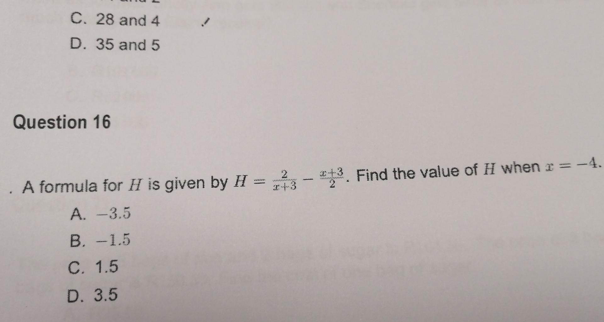 C 28 And 4 D 35 And 5 Question 16 A Formula For H Is Given By H A 3 5 B 1 5 C 1 5 D 3 5 5000000550 1 3 Find 1