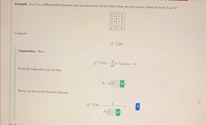 Example Let F Be A Differentiable Function That Has An Inverse In The Table Below We Give Several Values For Both And 2
