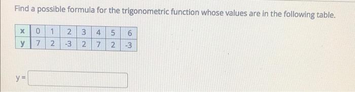 Find A Possible Formula For The Trigonometric Function Whose Values Are In The Following Table 3 4 5 2 7 X Y Y 0 7 1 2 1