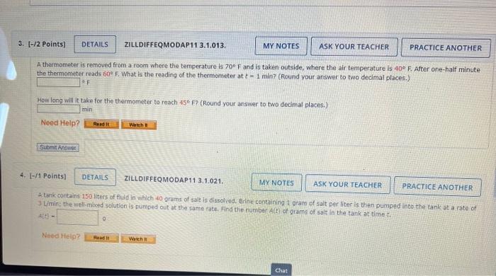 3 2 Points Zilldiffeqmodap11 3 1 013 A Thermometer Is Removed From A Room Where The Temperature Is 70 F And Is Ta 1