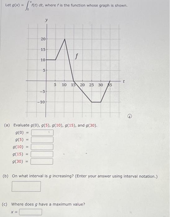 Let G X F T F T Dt Where F Is The Function Whose Graph Is Shown Y 20 15 10 5 5 10 F 5 10 15 20 25 30 5 A E 1