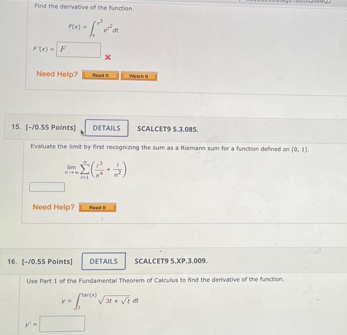 Find The Derivative Of The Function 12 0 F X F Y F X Need Help Lim Need Help X Read It 15 0 55 Points E 1