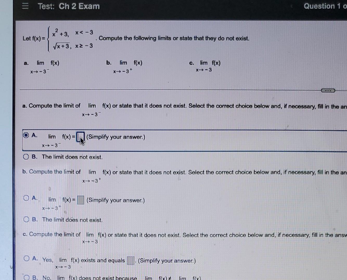 Let F X A Test Ch 2 Exam Lim F X X 3 2 X 3 X 3 X 3 X2 3 A Compute The Limit Of Compute The Following Limi 1
