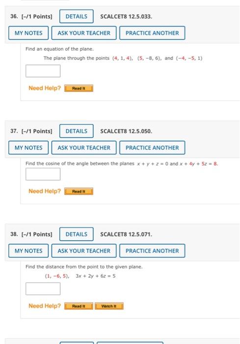 36 1 Points Details Scalcet8 12 5 033 My Notes Ask Your Teacher Practice Another Find An Equation Of The Plane Th 1