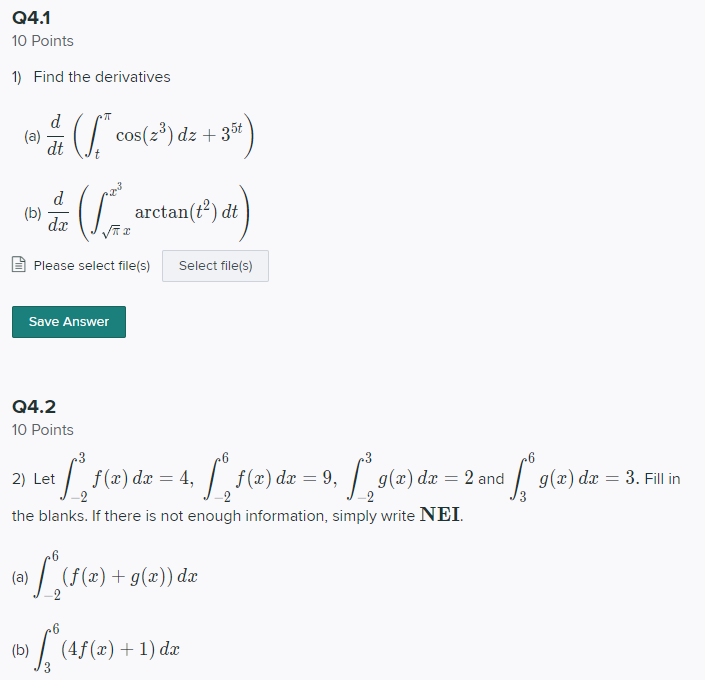 Q4 1 10 Points 1 Find The Derivatives A D B Cos 2 Dz 35t Dt T Please Select File S Select File S D Dx 1