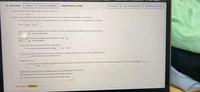 33 4 9 Points Details Previous Answers Suppose That Demand For Local Cable Tv Service Is Given By P 118 0 4 Where Is 1