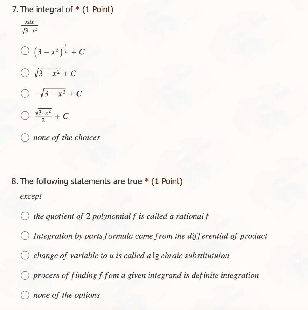 7 The Integral Of 1 Point Xdx 3 X O 3 X C X C O 3 X C 2 C None Of The Choices 8 The Following Stat 1