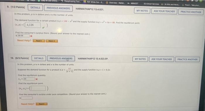 9 1 2 Points Details Previous Answers In This Problem P Is In Dollars And Is The Number Of Units The Demand Function 1