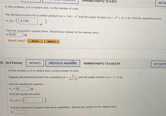 9 1 2 Points Details Previous Answers In This Problem P Is In Dollars And Is The Number Of Units The Demand Function 3