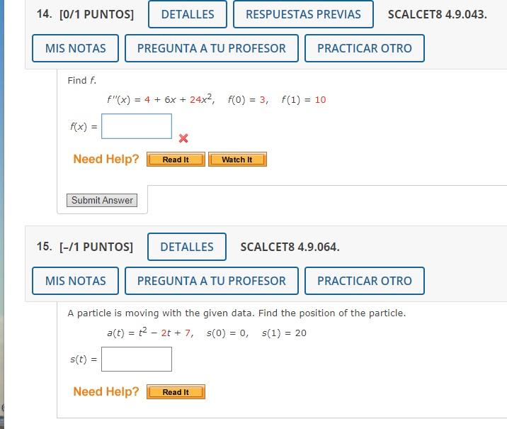 14 0 1 Puntos Detalles Mis Notas Find F F X Need Help Submit Answer 15 1 Puntos Mis Notas Pregunta A Tu Pro 1