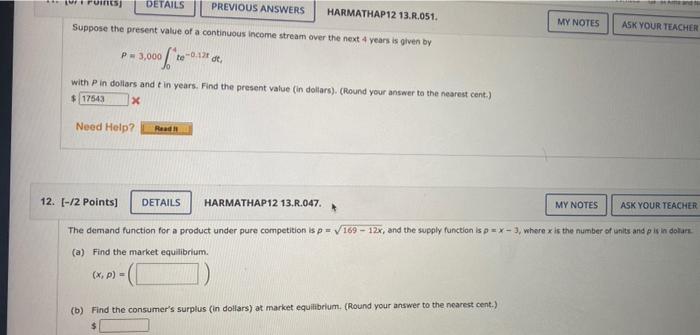 11 0 1 Points Details Previous Answers Harmathap1213 051 Suppose The Present Value Of A Continuous Income Stream Ov 2