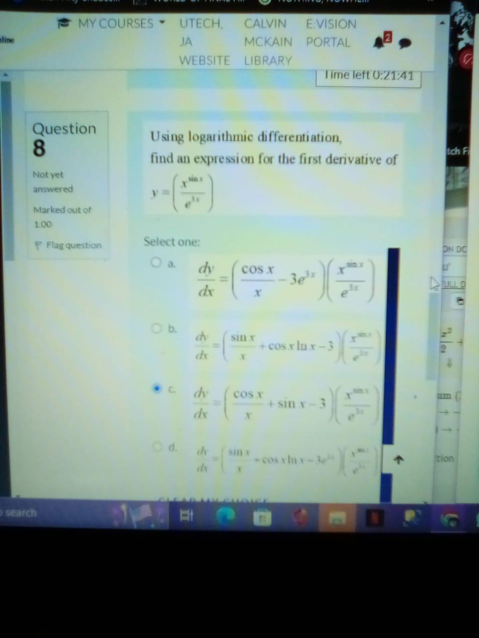 Line My Courses Question 8 Not Yet Answered Marked Out Of 1 00 O Search Flag Question Y O B Utech Ja Using Logarithmi 1