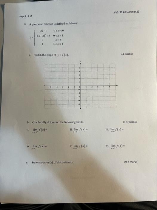 Page 6 Of 10 8 A Piecewise Function Is Defined As Follows Yo A 2x 1 15x 0 X 2 3 0 X 3 X 3 3 X 4 3 1 Sketch The G 1