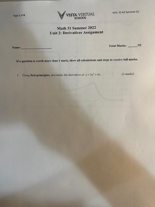 Page 1 Of 8 Name Vista Virtual School Math 31 Summer 2022 Unit 2 Derivatives Assignment Vvs 31 A2 Summer 22 1 Using 1