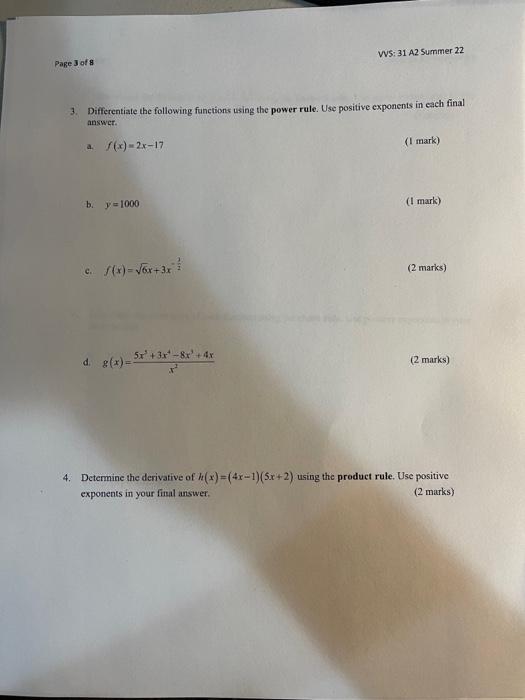 Page 3 Of 8 3 Differentiate The Following Functions Using The Power Rule Use Positive Exponents In Each Final Answer 1