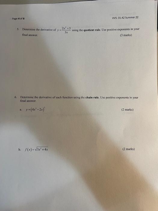 Page 4 Of 8 5 Determine The Derivative Of Y Final Answer 2x 3 B F X 3x 4x Vvs 31 A2 Summer 22 Using The Quoti 1