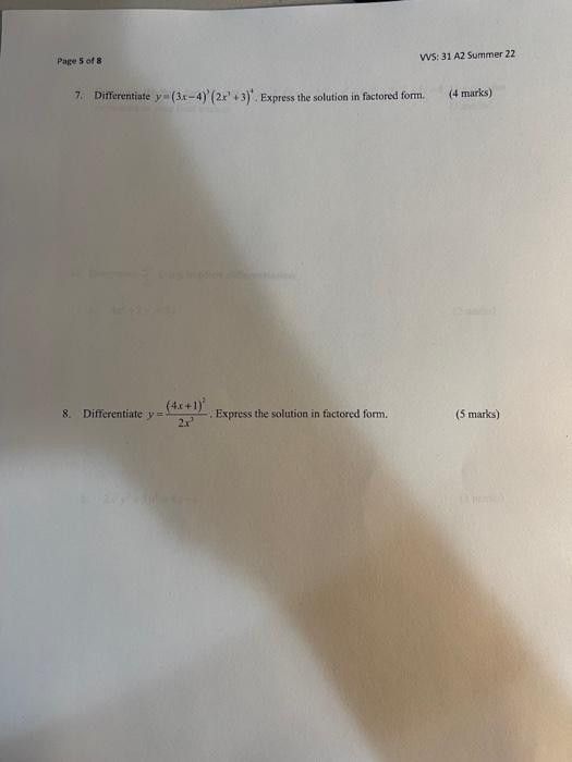 Page 5 Of 8 7 Differentiate Y 3x 4 2x 3 Express The Solution In Factored Form 8 Differentiate Y 4x 1 2x V 1