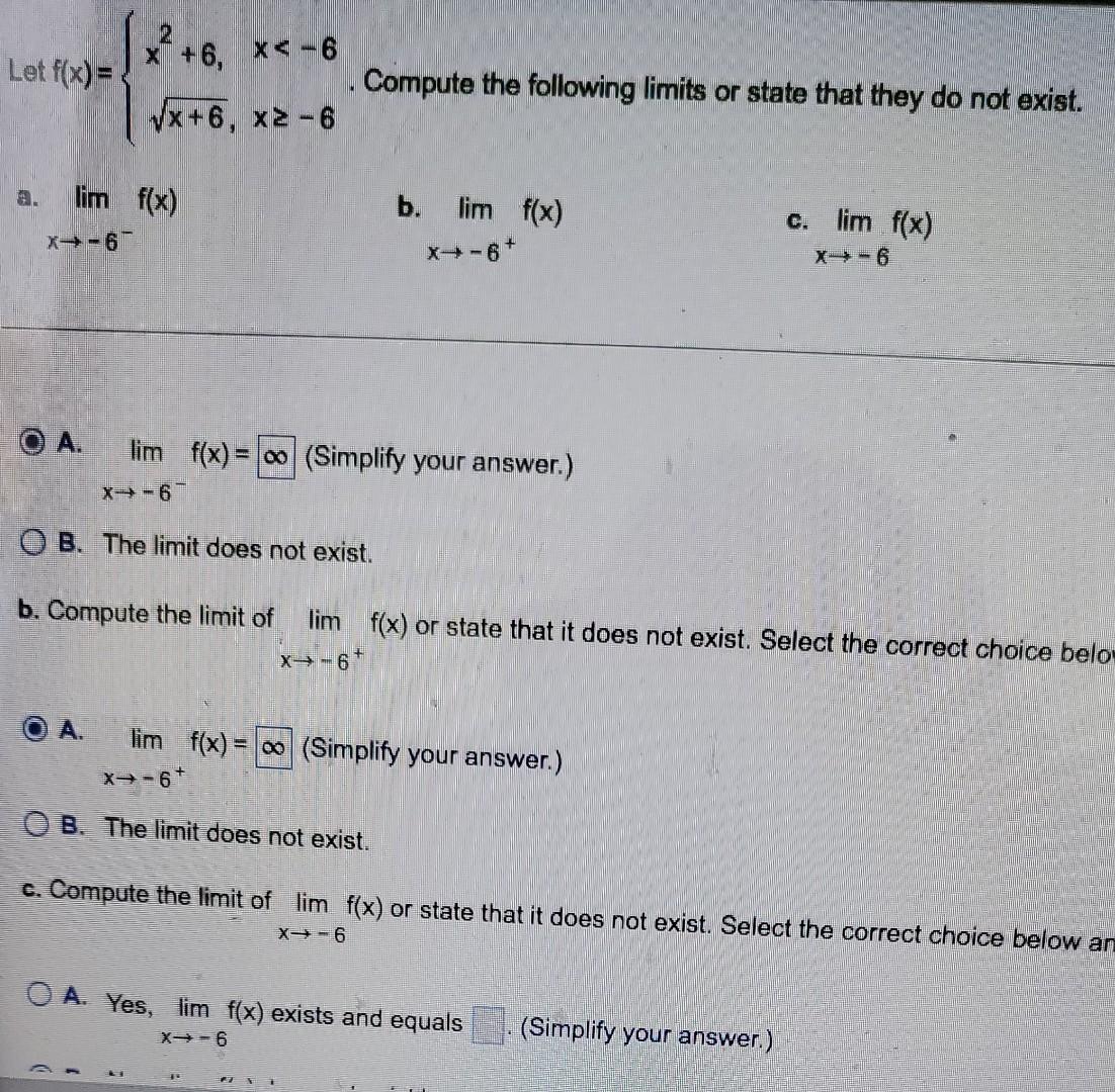 Let F X X 6 2 X 6 X 6 Lim F X A X 6 X2 6 Compute The Following Limits Or State That They Do Not Exist L 1
