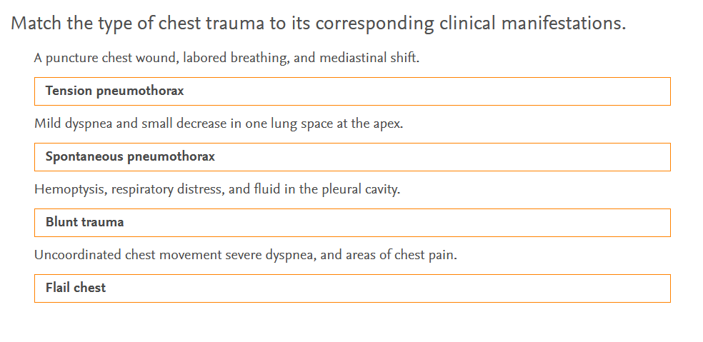 Match The Type Of Chest Trauma To Its Corresponding Clinical Manifestations A Puncture Chest Wound Labored Breathing 1
