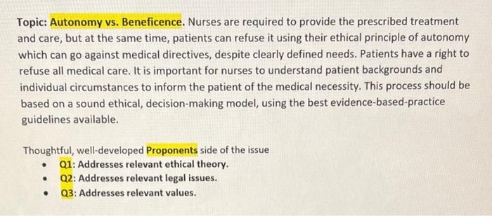 Topic Autonomy Vs Beneficence Nurses Are Required To Provide The Prescribed Treatment And Care But At The Same Time 1