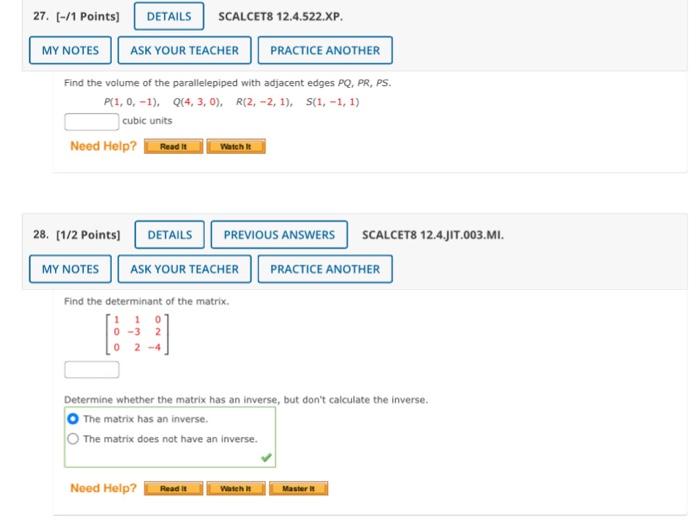 27 1 Points My Notes Details Scalcet8 12 4 522 Xp Ask Your Teacher Find The Volume Of The Parallelepiped With Adja 1