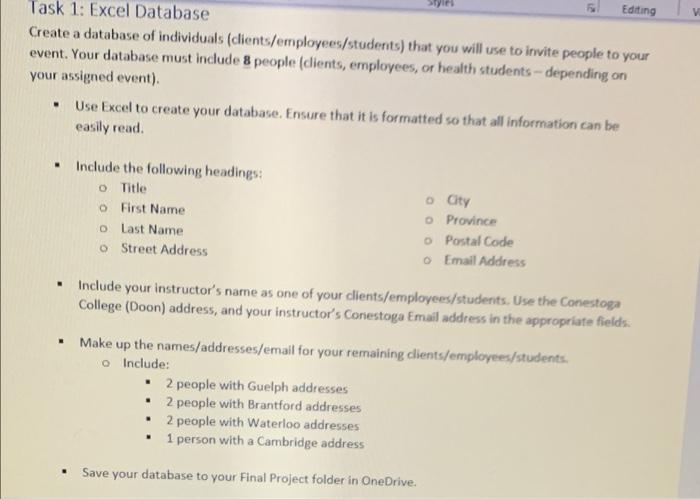 Editing Task 1 Excel Database Create A Database Of Individuals Clients Employees Students That You Will Use To Invite 1
