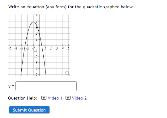 Write An Equation Any Form For The Quadratic Graphed Below Y 3 2 1 4 At 2 1 1 2 3 4 12 Question Help Video 1 S 1