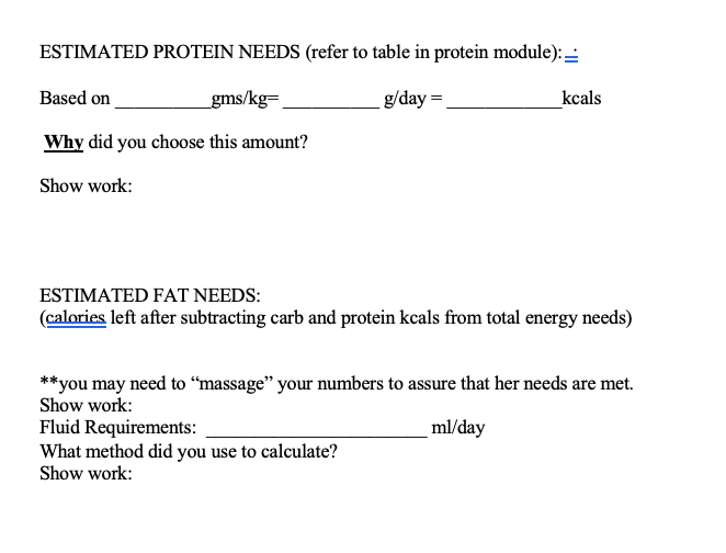 Estimated Protein Needs Refer To Table In Protein Module Based On Gms Kg G Day Kcals Why Did You Choose This Amou 1