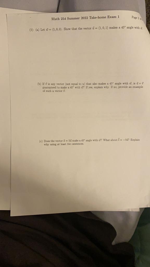 Page 2 1 A Let 1 0 0 Show That The Vector 1 0 1 Makes A 45 Angle With Math 254 Summer 2022 Take Home Exam 1